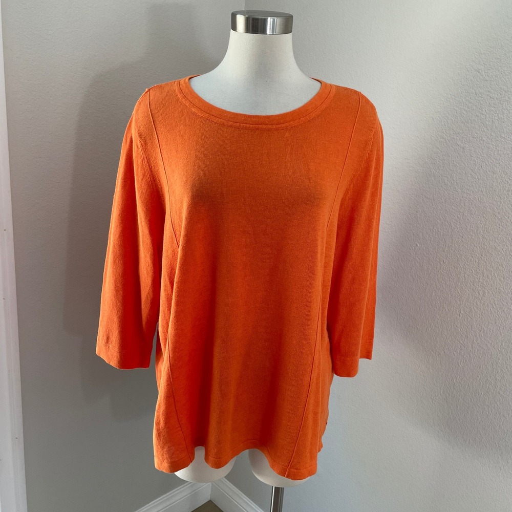J Jill Women Plus 2X Orange Knit 3/4 Sleeve Linen Blend Pullover Sweater